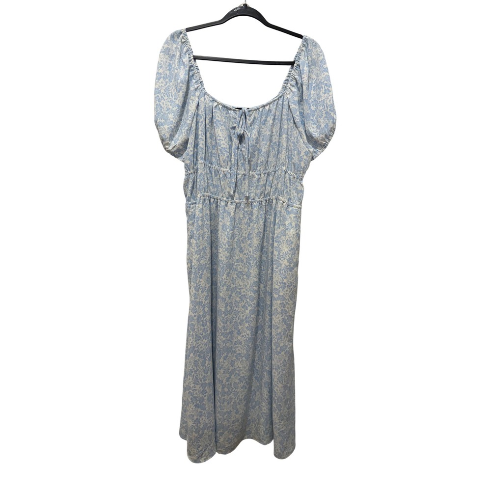 Who What Wear Blue Floral Puff Sleeve Smocked Waist Midi Dress XL Pocket Cottage
